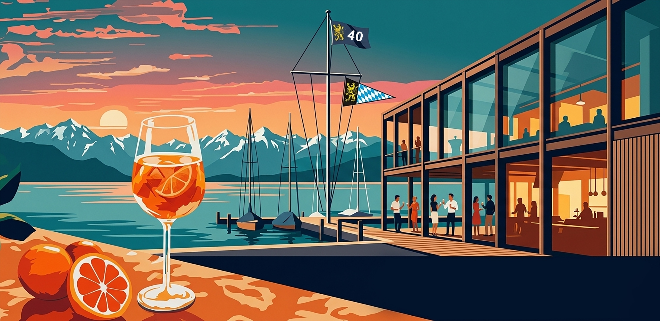 Sonnenuntergang am Starnberger See — Bayerischer Yachtclub, 40er-Wimpel